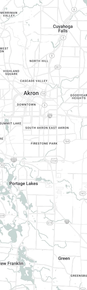 The location of a Akron SEO Company with a grey scale map of Akron, OH