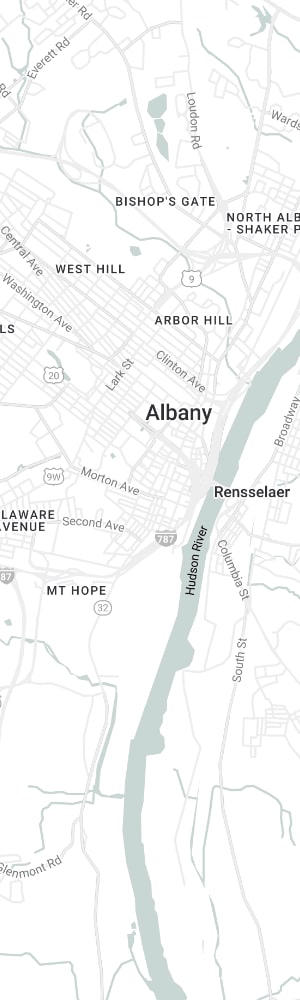 The location of a Albany SEO Company with a grey scale map of Albany, NY