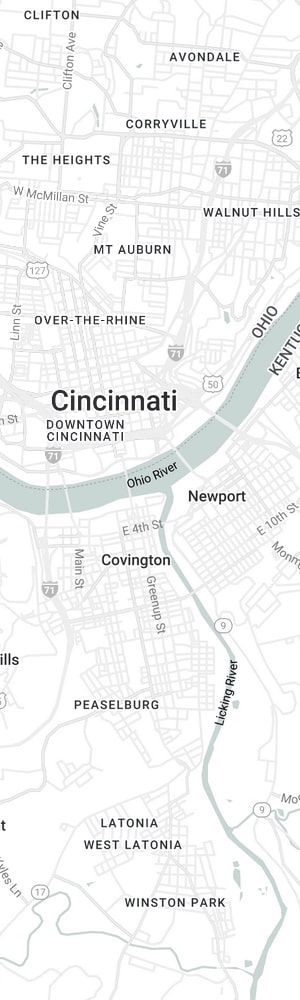 The location of a Cincinnati SEO Company with a grey scale map of Cincinnati, OH