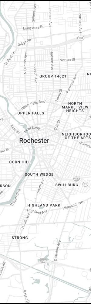 The location of a Rochester SEO Company with a grey scale map of Rochester, NY