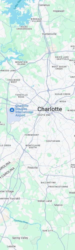 The location of a Charlotte AI SEO Company with a grey scale map of Charlotte, NC