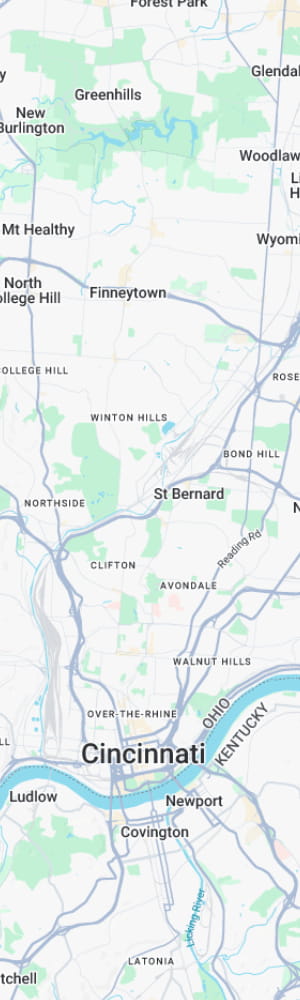The location of a Cincinnati AI SEO Company with a grey scale map of Cincinnati, OH