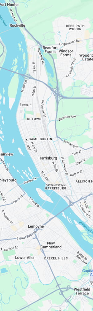 The location of a Harrisburg AI SEO Company with a grey scale map of Harrisburg, PA