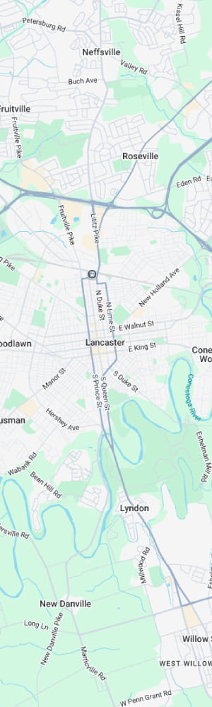 The location of a Lancaster AI SEO Company with a grey scale map of Lancaster, PA