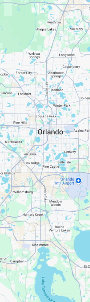 The location of a Orlando AI SEO Company with a grey scale map of Orlando, FL