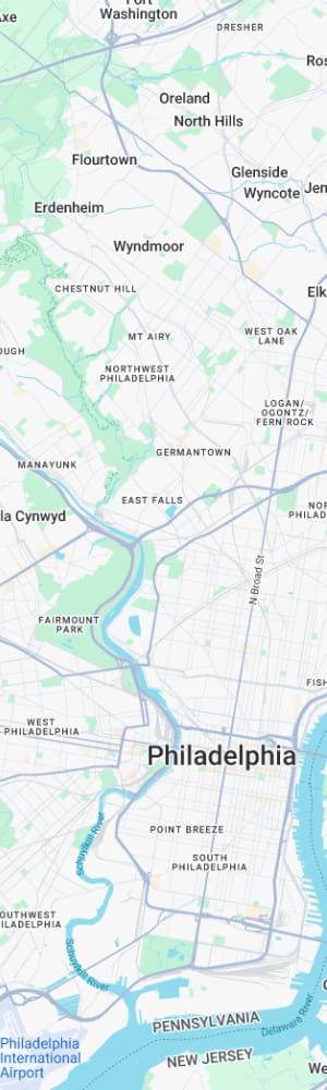 The location of a Philadelphia AI SEO Company with a grey scale map of Philadelphia, PA